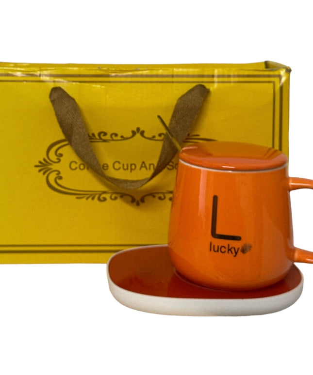 Set cadou cană Lucky Portocalie cu capac,linguriță și încălzitor