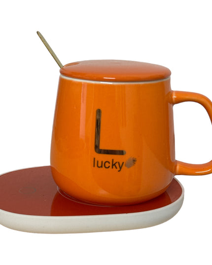 Set cadou cană Lucky Portocalie cu capac,linguriță și încălzitor