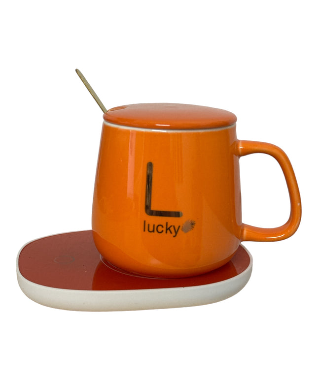 Set cadou cană Lucky Portocalie cu capac,linguriță și încălzitor