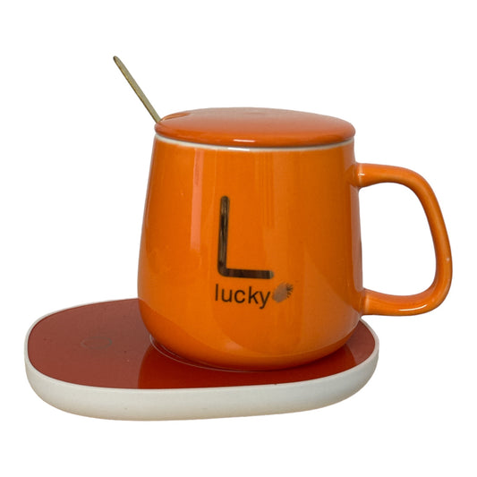 Set cadou cană Lucky Portocalie cu capac,linguriță și încălzitor