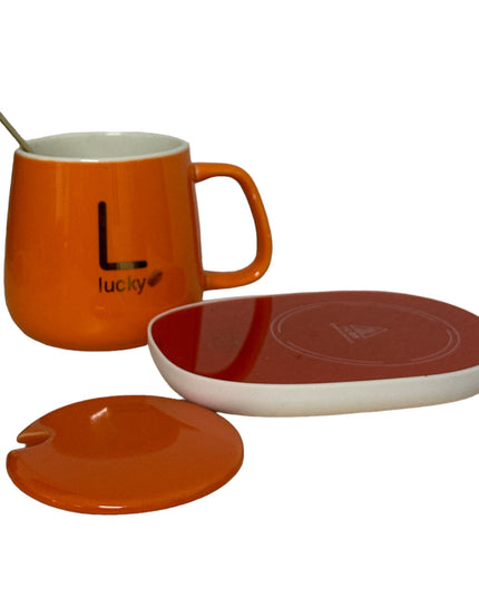 Set cadou cană Lucky Portocalie cu capac,linguriță și încălzitor