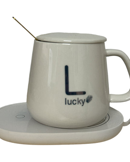 Set cadou cană Lucky Albă cu capac,linguriță și încălzitor