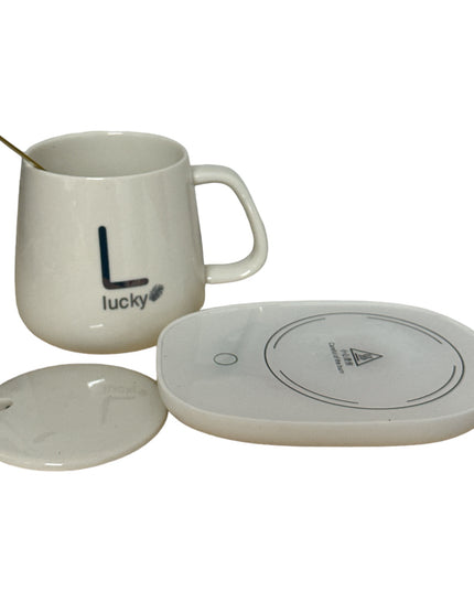 Set cadou cană Lucky Albă cu capac,linguriță și încălzitor