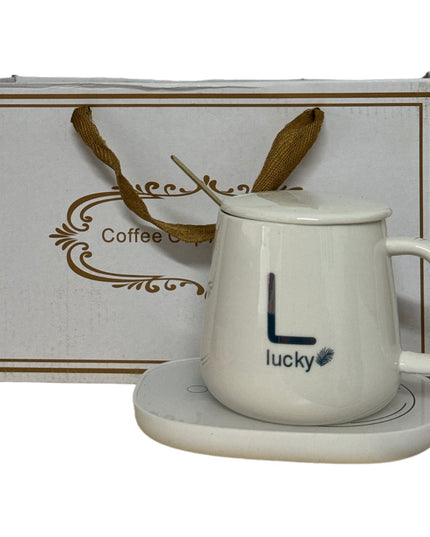 Set cadou cană Lucky Albă cu capac,linguriță și încălzitor
