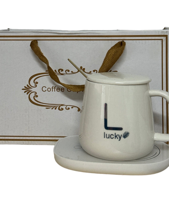 Set cadou cană Lucky Albă cu capac,linguriță și încălzitor