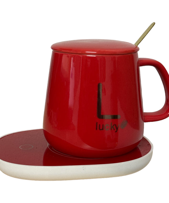 Set cadou cană Lucky Roșu cu capac linguriță și încălzitor