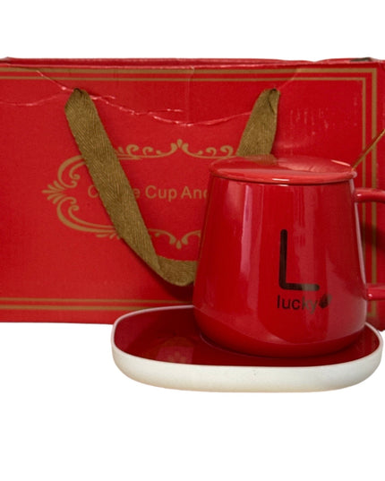 Set cadou cană Lucky Roșu cu capac linguriță și încălzitor