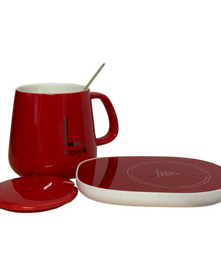 Set cadou cană Lucky Roșu cu capac linguriță și încălzitor