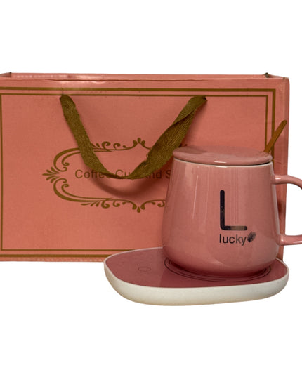 Set cadou cană Lucky Roz cu capac,încălzitor și linguriță