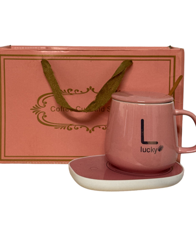 Set cadou cană Lucky Roz cu capac,încălzitor și linguriță