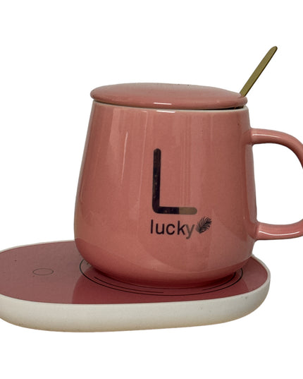 Set cadou cană Lucky Roz cu capac,încălzitor și linguriță