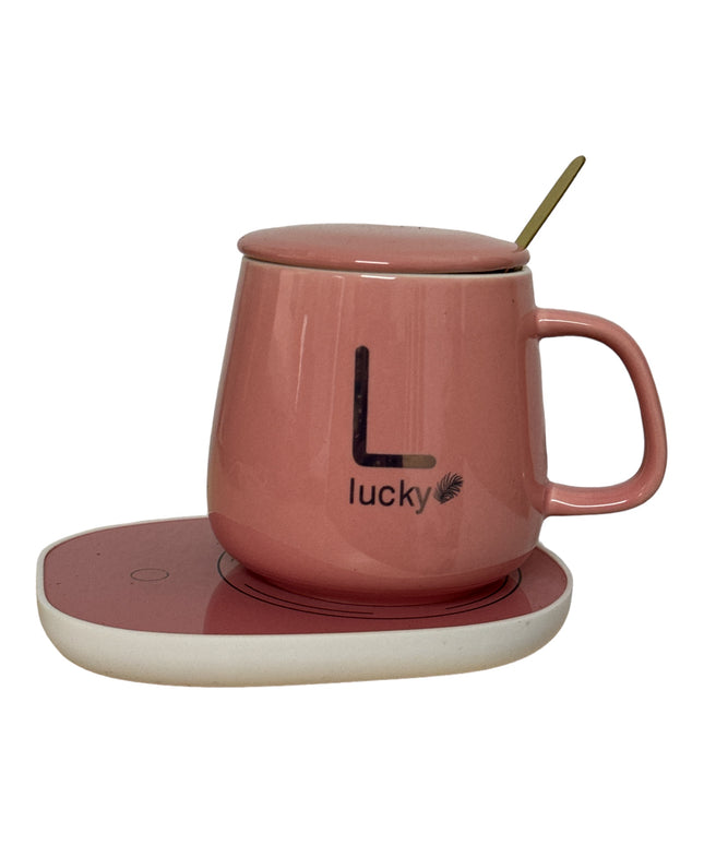 Set cadou cană Lucky Roz cu capac,încălzitor și linguriță