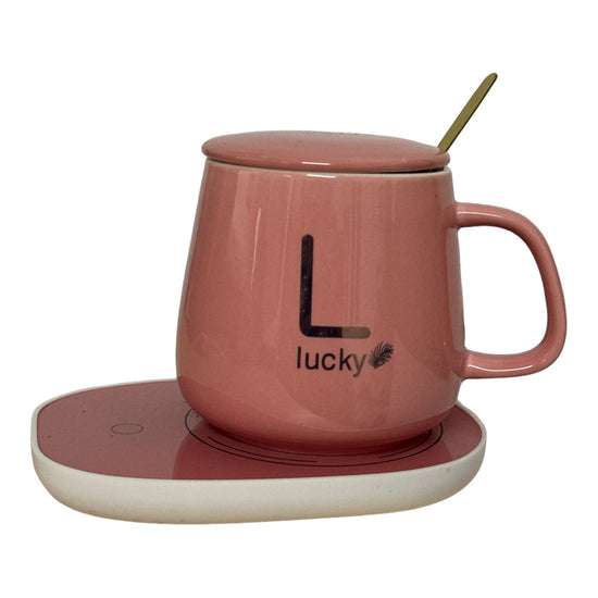 Set cadou cană Lucky Roz cu capac,încălzitor și linguriță