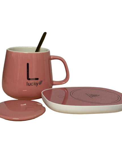 Set cadou cană Lucky Roz cu capac,încălzitor și linguriță