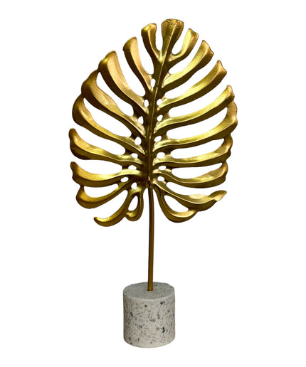 Decorațiune metalică frunză aurie cu suport din piatră 25x13cm