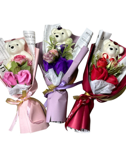 Buchet trandafiri săpun cu Ursuleț 32cm 935-3