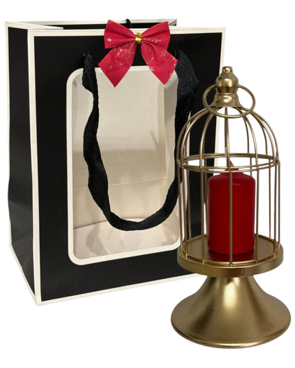 Suport lumânare metalic–design Colivie, ambalaj cadou elegant 23x10cm