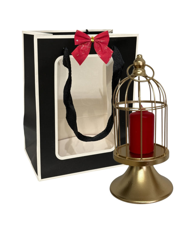 Suport lumânare metalic–design Colivie, ambalaj cadou elegant 23x10cm