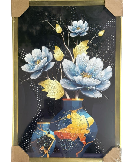Tablou cristale 3D Flori Blue cu ramă aurie 60x40cm cod1115-3