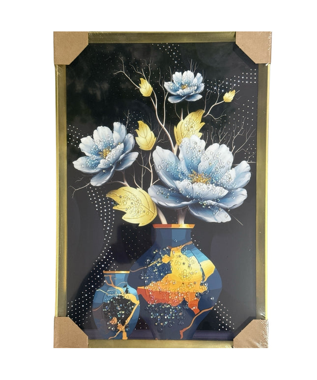 Tablou cristale 3D Flori Blue cu ramă aurie 60x40cm cod1115-3
