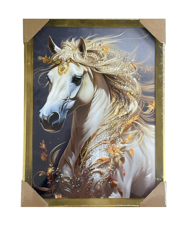 Tablou cristale 3D Cal Alb cu ramă aurie 40×30cm cod1115-1