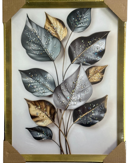 Tablou cristale 3D Frunze metalice cu ramă aurie 40×30cm cod1115-1