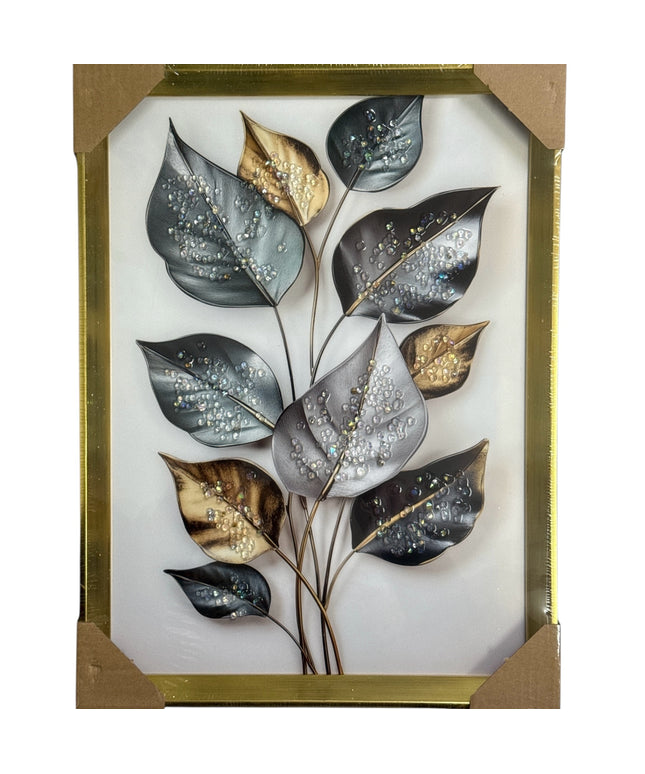 Tablou cristale 3D Frunze metalice cu ramă aurie 40×30cm cod1115-1
