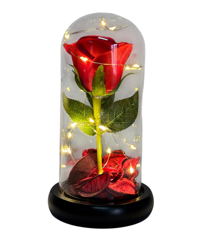 Cupolă sticlă cu trandafir și lumini 19x10cm