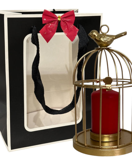 Suport lumânare metalic–design Colivie, ambalaj cadou elegant 16x9cm