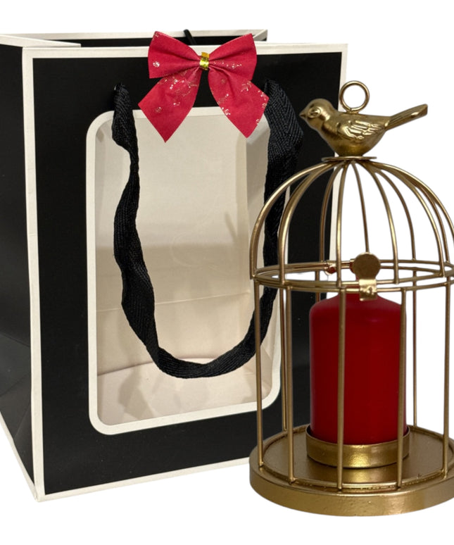 Suport lumânare metalic–design Colivie, ambalaj cadou elegant 16x9cm