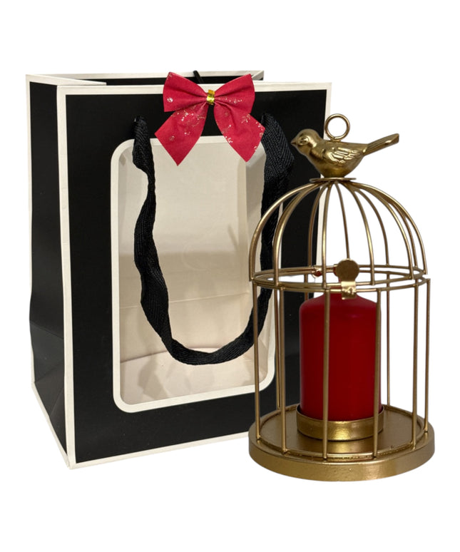 Suport lumânare metalic–design Colivie, ambalaj cadou elegant 16x9cm