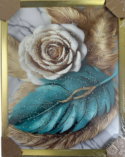 Tablou cristale 3D Trandafir&Pene cu ramă aurie 40×50cm cod1115-2