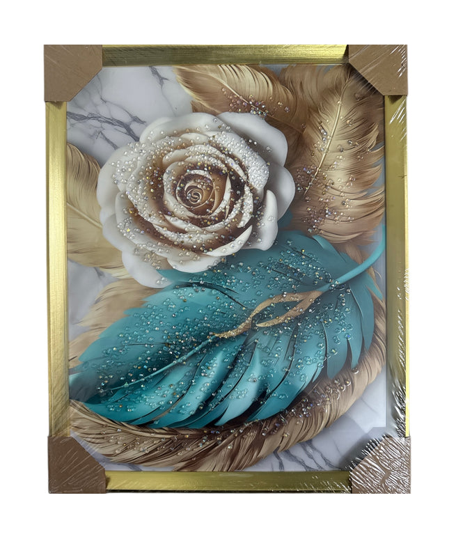 Tablou cristale 3D Trandafir&Pene cu ramă aurie 40×50cm cod1115-2