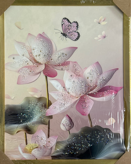 Tablou cristale 3D–Lotus Roz,Fluture și ramă aurie 40×50cm cod1115-2