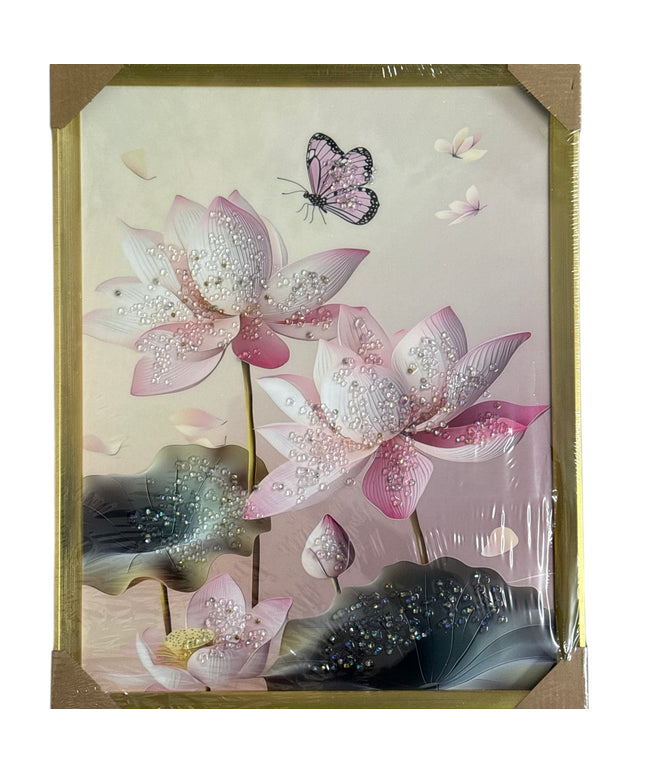 Tablou cristale 3D–Lotus Roz,Fluture și ramă aurie 40×50cm cod1115-2