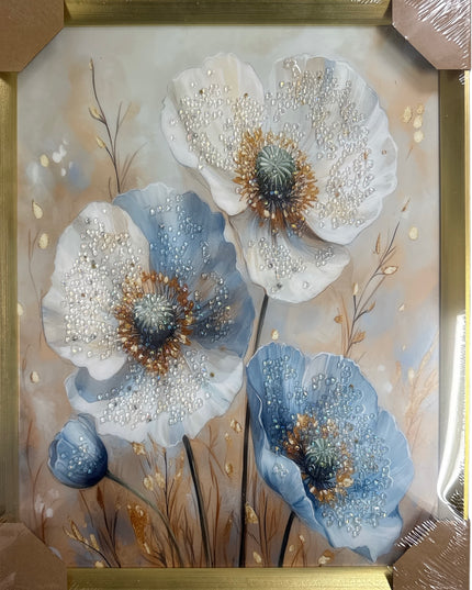 Tablou cristale 3D Flori Blue&Ivory cu ramă aurie 40×50cm cod1115-2