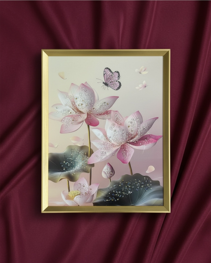 Tablou cristale 3D–Lotus Roz,Fluture și ramă aurie 40×50cm cod1115-2
