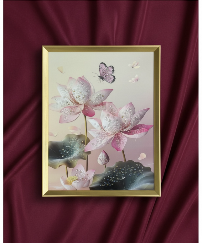 Tablou cristale 3D–Lotus Roz,Fluture și ramă aurie 40×50cm cod1115-2