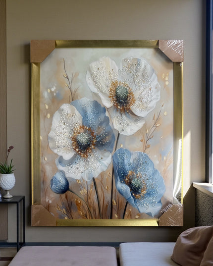 Tablou cristale 3D Flori Blue&Ivory cu ramă aurie 40×50cm cod1115-2