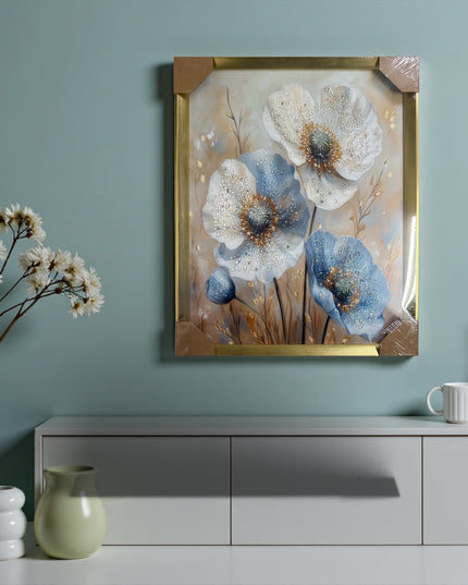Tablou cristale 3D Flori Blue&Ivory cu ramă aurie 40×50cm cod1115-2