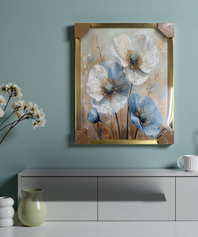 Tablou cristale 3D Flori Blue&Ivory cu ramă aurie 40×50cm cod1115-2