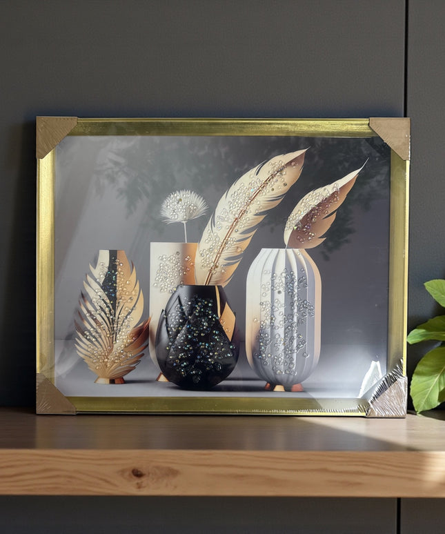 Tablou cristale 3D Vaze&Pene Glam cu ramă aurie 40×50cm cod1115-2