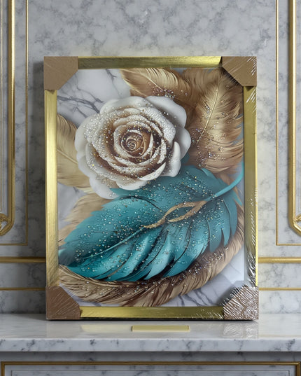 Tablou cristale 3D Trandafir&Pene cu ramă aurie 40×50cm cod1115-2