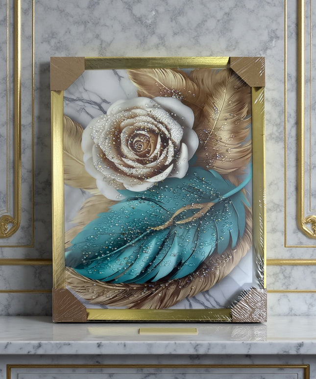 Tablou cristale 3D Trandafir&Pene cu ramă aurie 40×50cm cod1115-2