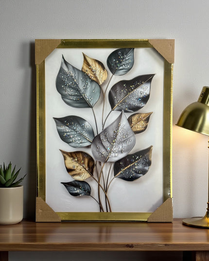 Tablou cristale 3D Frunze metalice cu ramă aurie 40×30cm cod1115-1