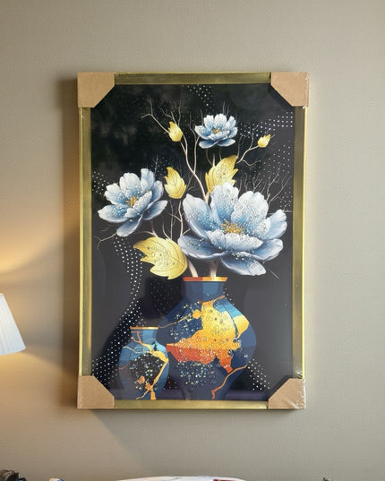 Tablou cristale 3D Flori Blue cu ramă aurie 60x40cm cod1115-3