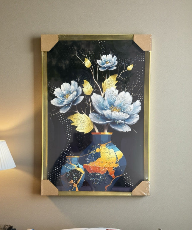 Tablou cristale 3D Flori Blue cu ramă aurie 60x40cm cod1115-3