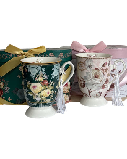Set cadou 2 căni cu ciucure – design floral cod 1117
