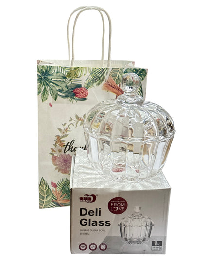 Set cadou decorativ – bombonieră din sticlă cu capac 1142-6