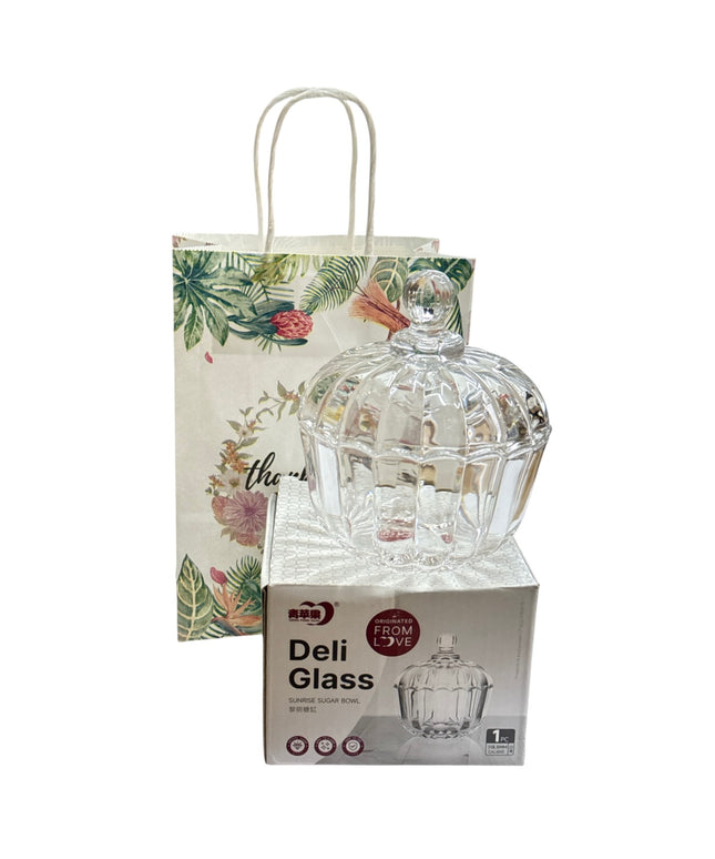 Set cadou decorativ – bombonieră din sticlă cu capac 1142-6